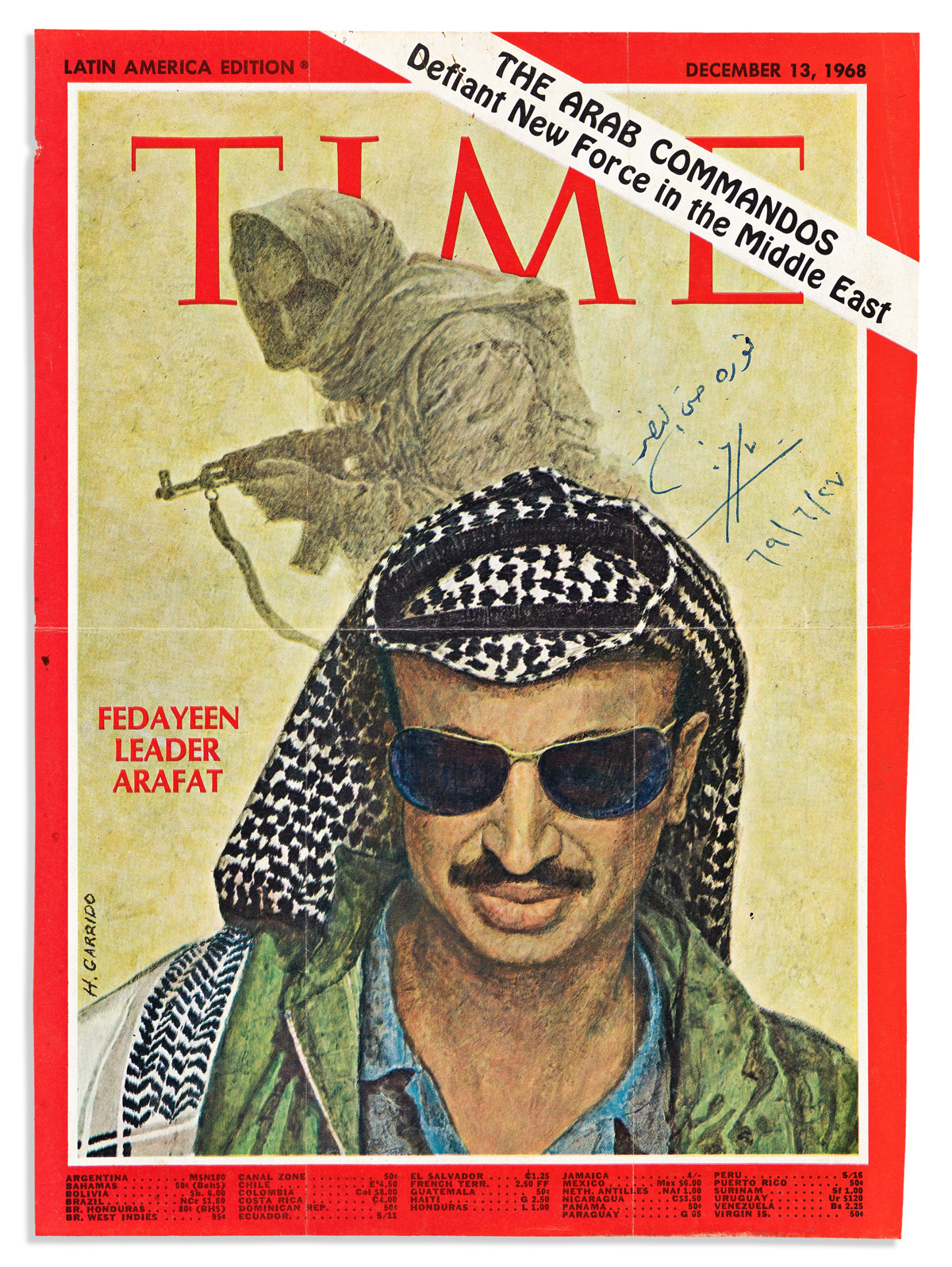 ARAFAT, YASSER. Time magazine cover Signed, in Arabic,